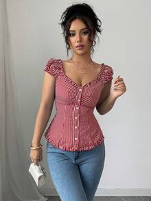 LilyHouse 女士 Y2K 条纹衬衫 - 性感优雅休闲短袖上衣 | 适合海滩度假、情人节穿搭、春季女装夏季 - 棗紅色 - 查看 6