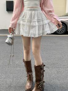 Women's Sweet Ballerina Style White Elastic Waist Puff Mini Skirt, Summer - White - View 1