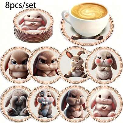 8个2D打印可爱兔子图案圆形木质杯垫，适用于庭院、厨房、客厅、家庭聚会、餐桌装饰，节日送给亲朋好友的礼物，也适合情人节、婚礼、生日、派对等场合，是家居装饰的理想之选，也是送给朋友的最佳礼物。