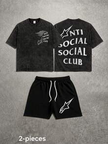 Men's Y2K Streetwear Washed Cotton T-Shirt & Shorts Set, White Dotted Social Club & Star Inspired Gothic Hip Hop Two-Piece Outfit, Vintage Acid Wash Graphic Tee & Casual Athletic Shorts For Street Style - 黑色 - 查看 1