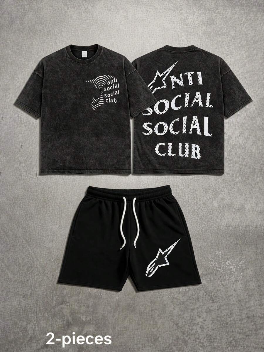 Men's Y2K Streetwear Washed Cotton T-Shirt & Shorts Set, White Dotted Social Club & Star Inspired Gothic Hip Hop Two-Piece Outfit, Vintage Acid Wash Graphic Tee & Casual Athletic Shorts For Street Style - 黑色 - 查看 1