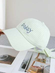 Mũ lưỡi trai thời trang kẻ sọc thêu chữ, có nơ thắt cổ, vành điều chỉnh được, mũ chống nắng đa năng dành cho nữ. - A - Xem 10