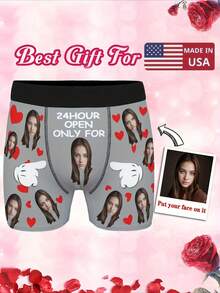 Custom Photo Men'S Boxer Briefs - Personalized Face Design, High-Elasticity Fabric, Valentine'S Day & Anniversary Gift For Him, Unique Romantic Gift For Boyfriend/Husband, Couple Matching Underwear, Cute Underwear, Anniversary Gift, Playful Design, Comfortable Fit, Durable Fabric - Dark Gray - View 1
