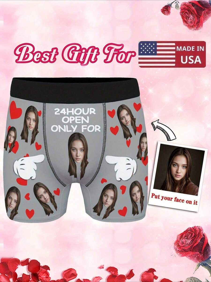 Custom Photo Men'S Boxer Briefs - Personalized Face Design, High-Elasticity Fabric, Valentine'S Day & Anniversary Gift For Him, Unique Romantic Gift For Boyfriend/Husband, Couple Matching Underwear, Cute Underwear, Anniversary Gift, Playful Design, Comfortable Fit, Durable Fabric - Dark Gray - View 1