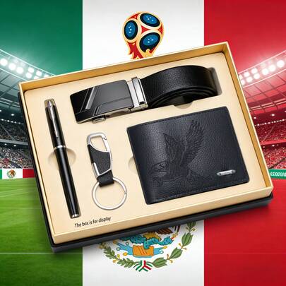 四件套男士商务休闲时尚实用简约耐用钱包礼盒套装，配备多个卡槽、照片槽和大容量设计，包含四件日常必备单品。精心挑选，方便日常搭配，适合个人或商务用途。品质之选，陪伴他度过每一天，见证每一个重要时刻。协调的时尚搭配，彰显品味。