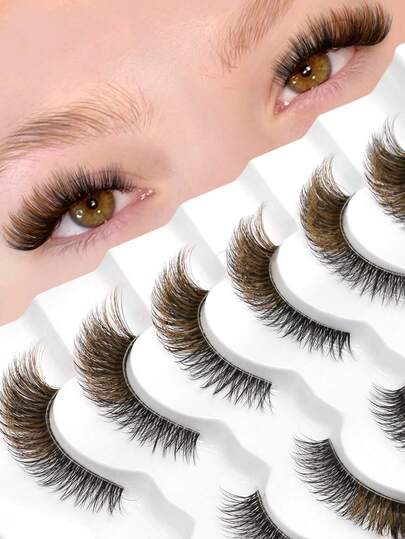 6对棕色猫眼假睫毛，轻盈多色C型卷翘防水仿貂毛假睫毛，透明睫毛底座，加长睫毛尖端，适合日常使用