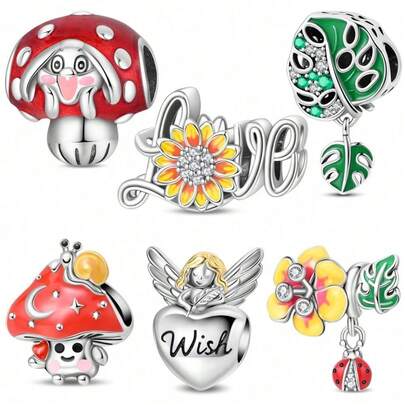 1. 镀银花叶系列 - 蘑菇精灵天使爱心珠，适用于3毫米原装手链、DIY吊坠、女士时尚饰品、节日生日礼物