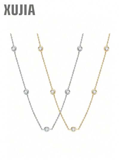 XUJIA 一件时尚简约新娘首饰，925纯银圆形切割，镶嵌2.5毫米（0.06克拉）/4毫米（0.3克拉）莫桑石，配有女士项链，适合万圣节派对、圣诞节、送给女朋友或作为生日礼物。