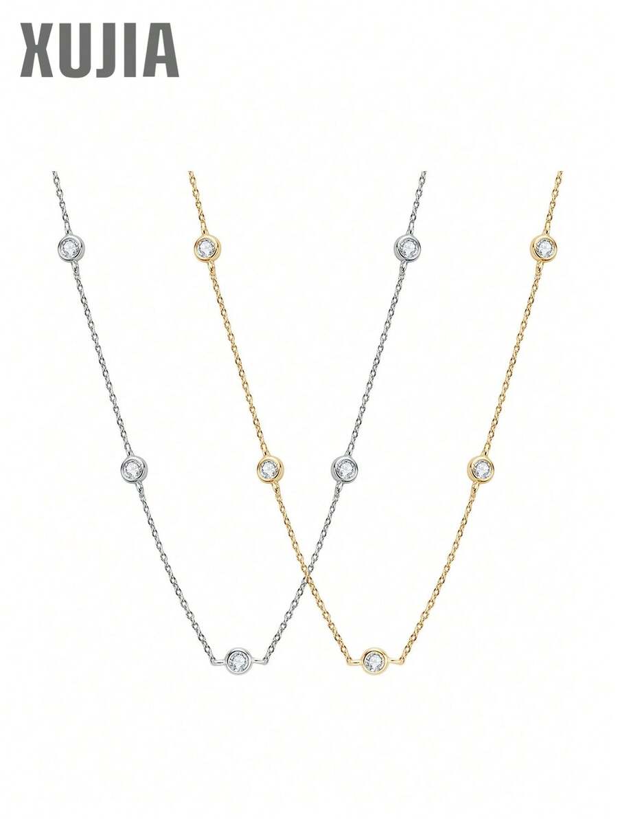 XUJIA 一件时尚简约新娘首饰，925纯银圆形切割，镶嵌2.5毫米（0.06克拉）/4毫米（0.3克拉）莫桑石，配有女士项链，适合万圣节派对、圣诞节、送给女朋友或作为生日礼物。