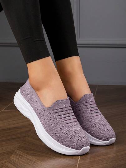 25 Years Spring/Autumn White Thick Sole Textured Breathable Slip-On Casual Shoes For Women, Lightweight Soft Bottom Comfortable Walking Shoes For Daily Commute & Strolling