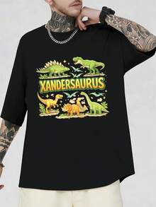 T-shirt graphique dinosaure Xandersaurus, printemps, 100 % coton, col rond, coupe décontractée - Noir - Voir 1
