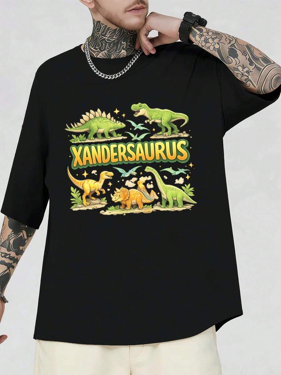 T-shirt graphique dinosaure Xandersaurus, printemps, 100 % coton, col rond, coupe décontractée - Noir - Voir 1
