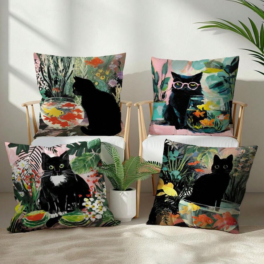 4件套油画风格黑猫金鱼植物图案抱枕套,单面印花,柔软桃皮绒面料,45*45厘米,适用于家居卧室客厅派对装饰,沙发装饰抱枕套,礼品装,不含枕芯 - 彩色 - 查看 1