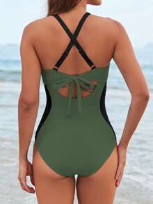 Women's Swimsuit Stylish Contrast Color Sleeveless Cross Back Tummy Control Bathing Suit For Beach Pool - Army Green - View 6