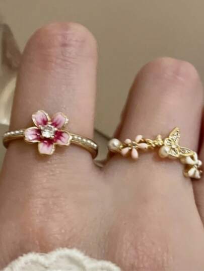 2-Piece Vintage-Style Girly Ring Set Features A Floral And Butterfly Design In Soft Pink And Red. The Interlocking Rings Are Adorned With Leaf And Heart Details, Making It Suitable For Everyday Wear Or As A Valentine's Day/Mother's Day Gift. The Delicate Stacked Rings Are Perfect For Everyday Wear (Unplated, Suitable For Everyone).