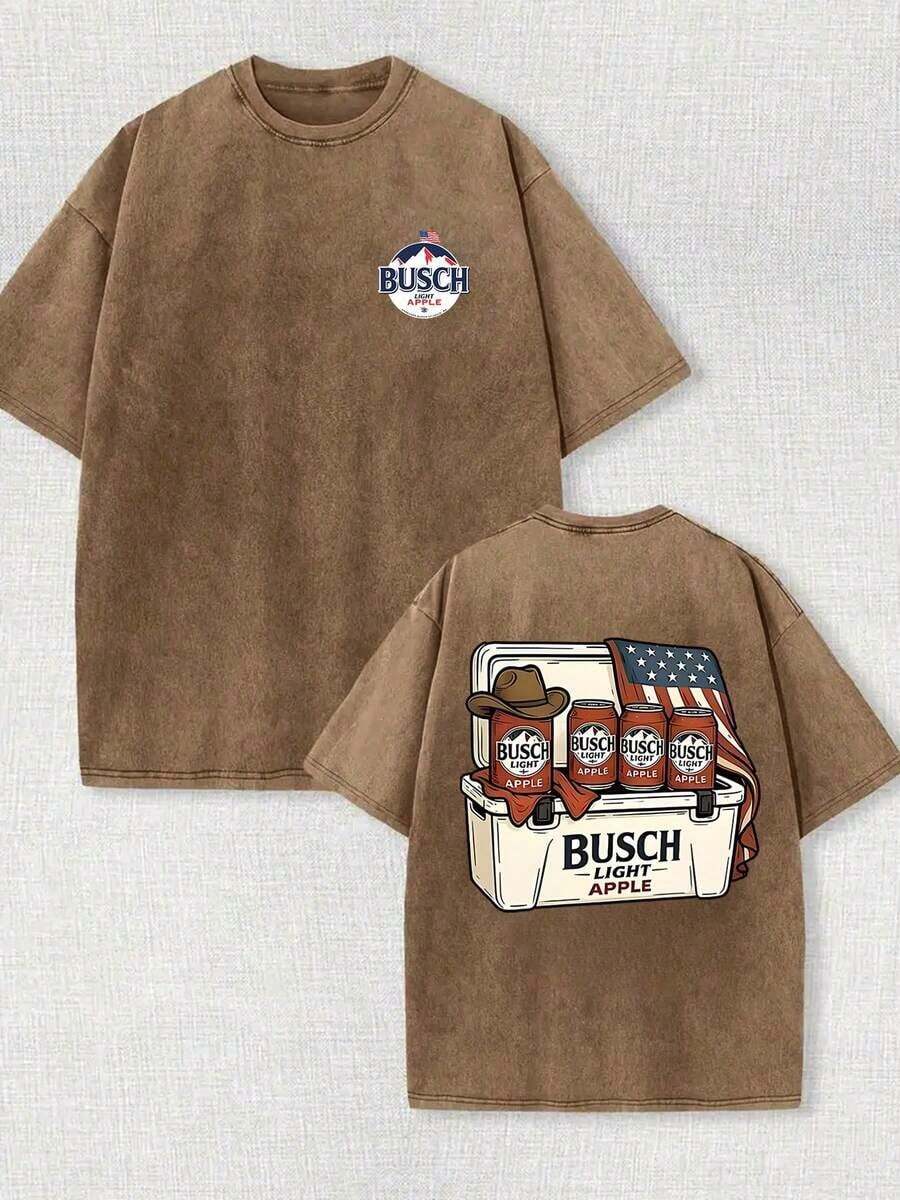 2026 New Men's 100% Cotton Oversized T-Shirt, Vintage Acid Washed Finish, "Busch Light Apple" Cooler & Cowboy Hat Graphic Print, Americana Streetwea - 棕色 - 查看 1