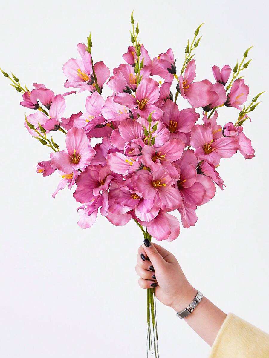 6pcs/12pcs 55cm Artificial Silk Narcissus & Magnolia Flowers, Home Living Room Wedding Tabletop Decor, Romantic Theme - Hot Pink - View 1