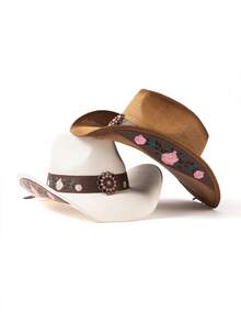 1pc Rose Embroidered Bohemian Straw Panama Hat, Beach Vacation Sun Hat, Versatile Fashion Gift For Women - Panama Hat - View 1