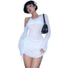 Vestido de mujer para primavera/verano, estilo Pure Desire, con hombros descubiertos, manga larga, sexy, transparente y fruncido. - Rosa - Ver 6