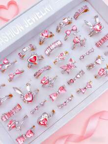 10pcs/Pack Girl's Fashion Mixed Pink Cubic Zirconia Open Ring Set, Personalized Party Gift Daily Jewelry - 10 Random Pink Rings - View 2
