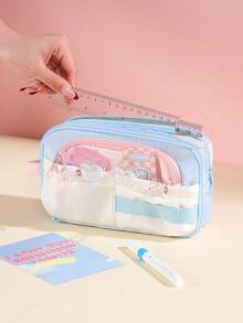 1个装撞色大容量糖果可爱学生铅笔盒，多层隔层设计，可收纳文具、计算器、笔记本等，适合学校、办公室、旅行——学生、职场人士、男女皆宜，文具收纳盒，多功能收纳盒，安全拉链封口，铅笔袋 - 多色 - 查看 10