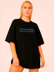 Women's Black Knit T-Shirt With Round Neck, Dropped Shoulder, Short And Long Sleeves With Slogan Print, Casual Top. - màu đen - Xem 1