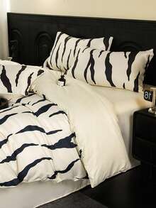 4pcs Soft Washed Silky Bedding Set, AB Version Spring/Summer Minimalist Bed Sheet Set (1pc Duvet Cover, 1pc Bed Sheet, 2pcs Pillowcases), Silky Smooth Sleep, Lightweight All-Season Bedding Suitable For Single Bed, Double Bed, Hotel, Dorm, Whole Family, With Zipper, Removable, Machine Washable, Room Decor - Multicolor - View 3