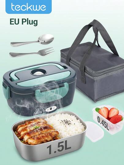 Teckwe Electric Lunch Box Food Heater, 7-IN-1 Portable Warmer With Stainless Steel, Box & Fork & Spoon, Green Heated Lunch Box Suitable For Ideal Driver/Work/Gift-EU Plug