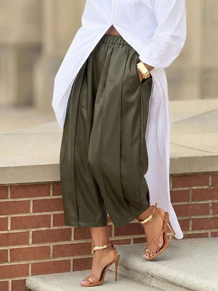 Women's Olive Green PU High Elastic Waist Pleated Capri Pants, Casual Outdoor Daily Commute Street Wear - Brown - View 1