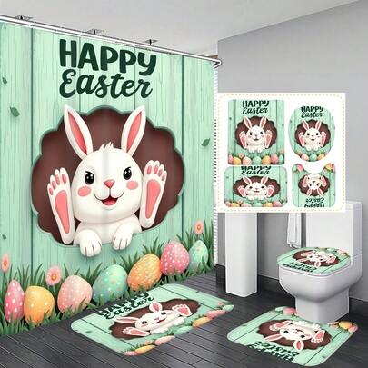 1件/3件/4件装复活节兔子和彩蛋图案浴室装饰浴帘套装，附赠12个挂钩，营造优雅的节日氛围，包含浴垫、U型垫和圆形马桶垫，适用于各种浴室场景。
