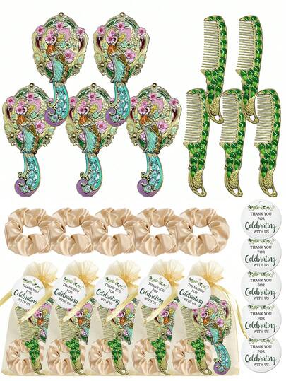 Vintage Peacock Flower Mini Rhinestone Comb Mirror Makeup Tool Set, Includes Thank You Card And Drawstring Bag, Wedding Accessories, Suitable For Bridesmaids And Ladies Bachelorette Party, Bridal Shower, Birthday, School Opening Gift, Daily Gathering, New Year, Valentine's Day, Mother's Day Creative Gift For Girlfriend