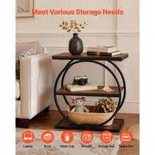 End Table, 3-Tier Narrow Side Table With Open Storage Shelves, Modern Nightstand Bedside Desk With Round Metal Frame, Wood Sofa Coffee Desk For Living Room, Bedroom, Office, Rustic Brown - Narrow, 3 Layers - View 4