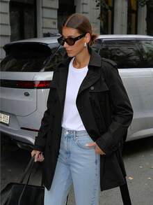 Women's Double-Breasted Windbreaker, Commuting Casual Jacket, Solid Color Design, Fashionable And Versatile For Spring And Autumn - Black - View 4