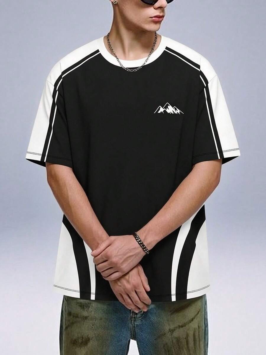 男士街头风黑白撞色山脉印花宽松T恤 - 彩色 - 查看 1