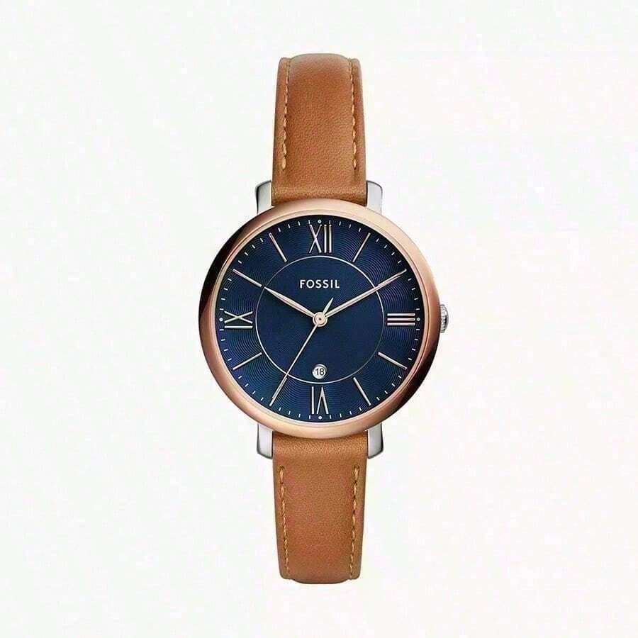 1 Piece Of Lady's Fossil Jacqueline Leather Bracelet Watch - 36mm Blue Dial With Date Display, Brown Leather Bracelet, Rose Gold Accents, Retro Elegant Style, Suitable For Daily Wear, Simple Design, Excellent Gift Choice - ES4274 - Blue - View 1