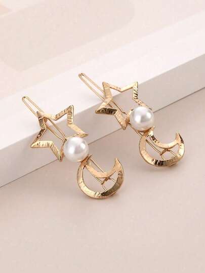 3pcs Faux Pearl Star Moon Geometric Hair Clips Zinc Alloy No Slip Elegant Side Bangs Hair Barrettes For Women Girls Hair Accessories Ideal For Daily Wear Party Wedding Travel Bridal Shower Great For Christmas Valentine's Day Birthday Holiday Gift