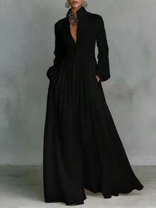 French Waist And Thin Long-Sleeved Pleated Dress Temperament Elegant Retro Casual Vacation Style - 黑色 - 查看 2