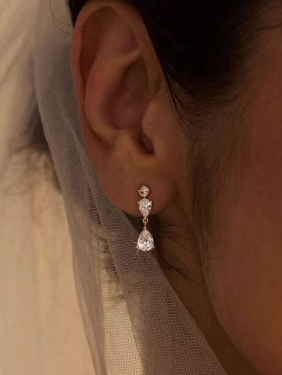 Pendientes colgantes de oro para mujer, pendientes de gota con perla falsa chapada en oro de 14k, pendientes de boda con cadena y circonita cúbica, pequeños y lindos pendientes de gota para mujer, regalos personalizados para damas de honor