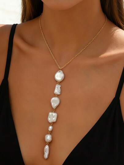 1pc Asymmetrical Shaped Beaded Y-Shaped Long Pendant Necklace, Fine Chain With Faux Pearl Beaded Pendant Necklace, Luxury Niche Accessory For Daily Wear Or Vacation