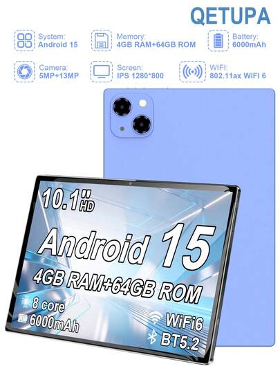  Qetupa 10.1英寸安卓15平板电脑，2026新款旗舰A19平板电脑，搭载MTK8788八核2.0GHz处理器，4GB RAM + 64GB ROM（支持1TB SD卡扩展），500万像素前置摄像头 + 1300万像素后置摄像头，1280*800高清IPS触控屏，6000mAh电池，支持蓝牙5.2、GPS、802.11ax Wi-Fi 6，Type-C充电接口。不支持SIM卡。