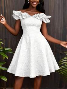 女士情人节优雅白色露肩荷叶袖A字连衣裙，适合婚礼宾客和正式场合 - 白色 - 查看 4