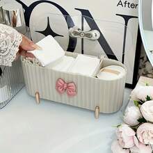 3-Compartment Makeup Storage Box, Cute Bow Rattan Powder Box, Large Capacity Transparent Cover Storage Box, Suitable For Bathroom, Vanity, Decoration, Great For Birthday, New Year, Christmas Gifts And Holiday Presents - Multicolor - View 4