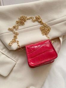 Mini Crocodile Embossed Solid Color Chain Crossbody Bag - Hot Pink - View 11