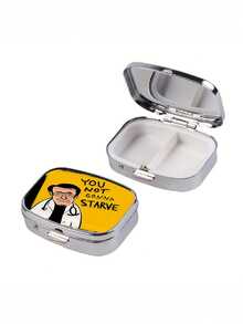 1pc Fashionable & Practical Doctor Print Pill Box, "You Won't Starve" Yellow & Black Design, Great Gift, Metal Appearance Plastic Material, 2 Compartment Portable Storage Box, Unisex Decorative Accessory, Suitable For Bags, Backpacks, Parties, Holidays, Weddings, Daily Use - Multicolor - View 6
