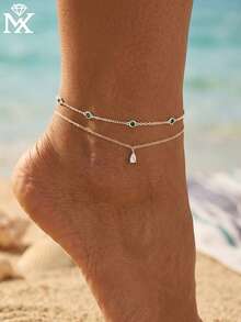 SYMFNY 1pc Luxury 925 Silver Double-Layer Green Zirconia Waterdrop Pendant Anklet, Jewelry Gift For Summer Beach Vacation - Silver - View 1