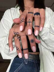 Herbal Juice Semi-Permanent Magic Tattoo Sticker, Simple Tattoo For Women, Cute Mini Style Fresh Natural Star Moon Branch Vine Pattern, 14-Day Waterproof Non-Reflective Tattoo Sticker, 1 Sheet - Blue - View 3