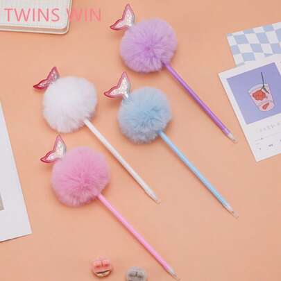 4支毛绒彩色圆珠笔，书写流畅，出墨均匀，防晕染，速干，适合写日记、记笔记、办公和学习使用。