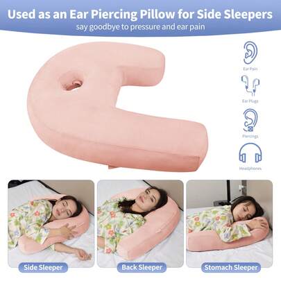1 pieza Almohada lateral hueca con forma de J, almohada de soporte para el cuello transpirable y amigable para los oídos, almohada de soporte multifuncional para mujeres embarazadas y adultos