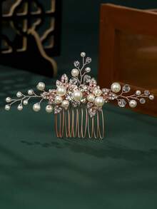 1件手工珍珠水晶新娘发梳，优雅树叶造型婚纱配饰，浪漫森林风发夹 - 彩色 - 查看 10