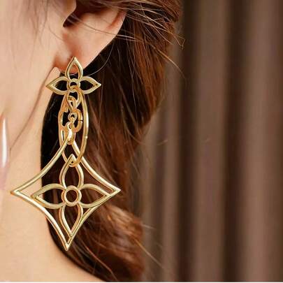 1 Pair Geometric Rhombus Hollow Tassel Dangle Earrings, Minimalist Elegant Design For Women